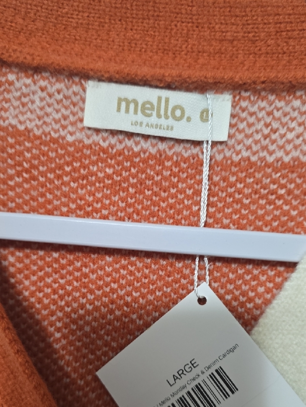 MELLODAY Orange & Cream Checker Knit Cardigan with Denim Sleeves - Picture 2 of 4
